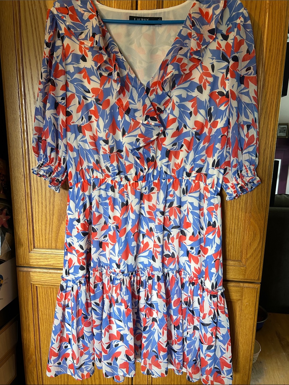 Lauren Ralph Lauren Red, Blue & White Floral Tiered V-Neck Midi Dress